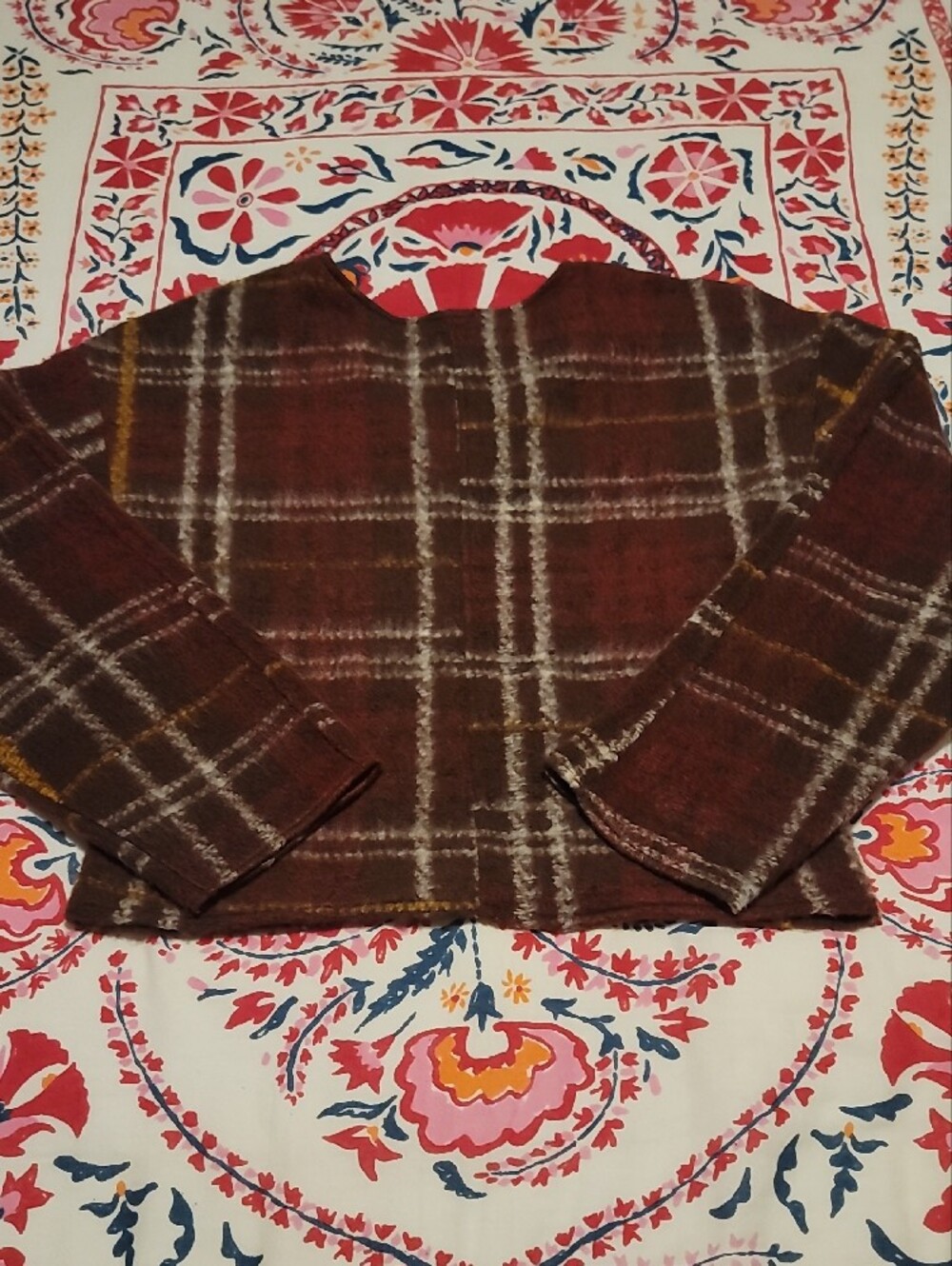 NWOT Zara Womens Warm Brown Red Plaid V Neck Fall Sweater Cream & Mustard Accent - Picture 13 of 16